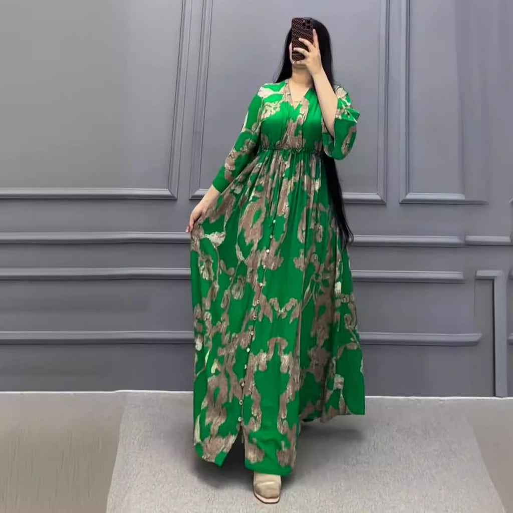 Fashion Printed Slim V Neck Muslim Robe Dress