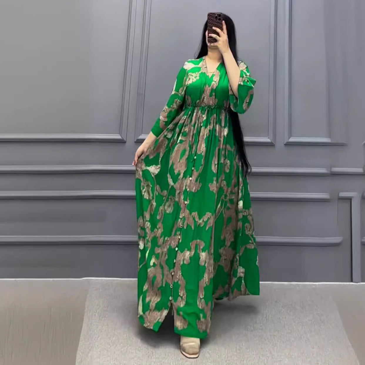 Fashion Printed Slim V Neck Muslim Robe Dress