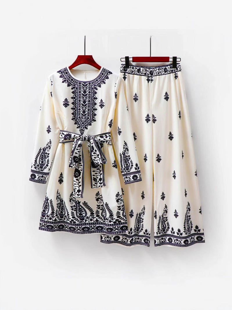 Ethnic Style Printed Top and Pants Set