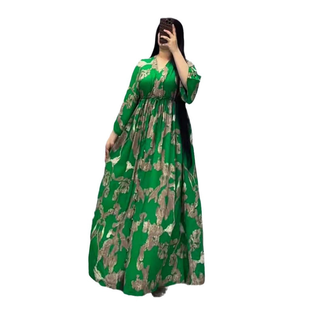 Fashion Printed Slim V Neck Muslim Robe Dress