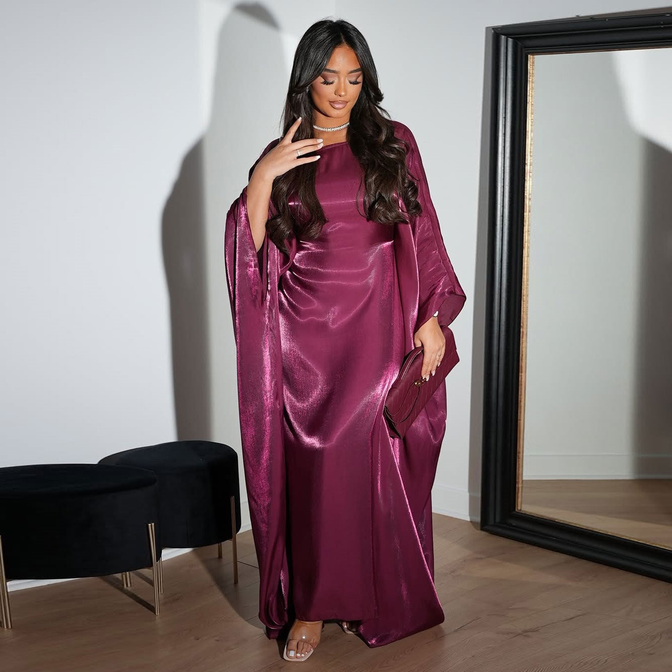 Modest Bright Silk Satin Abaya Dress